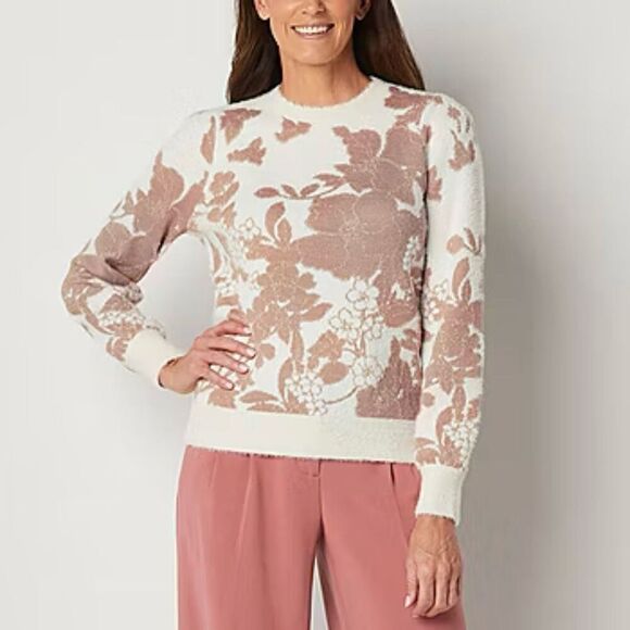 Liz Claiborne Ivory Beige Floral Jacquard Knit Sweater Size 2X NWT - Picture 1 of 11